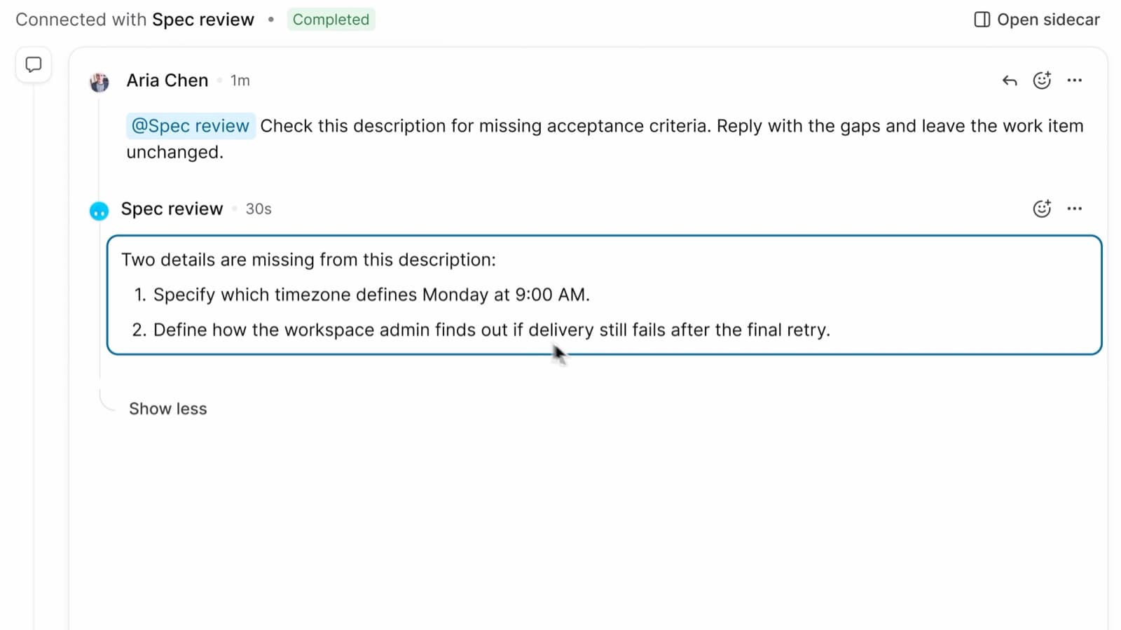 An agent's reply in a work item's comment thread, listing two details missing from its description