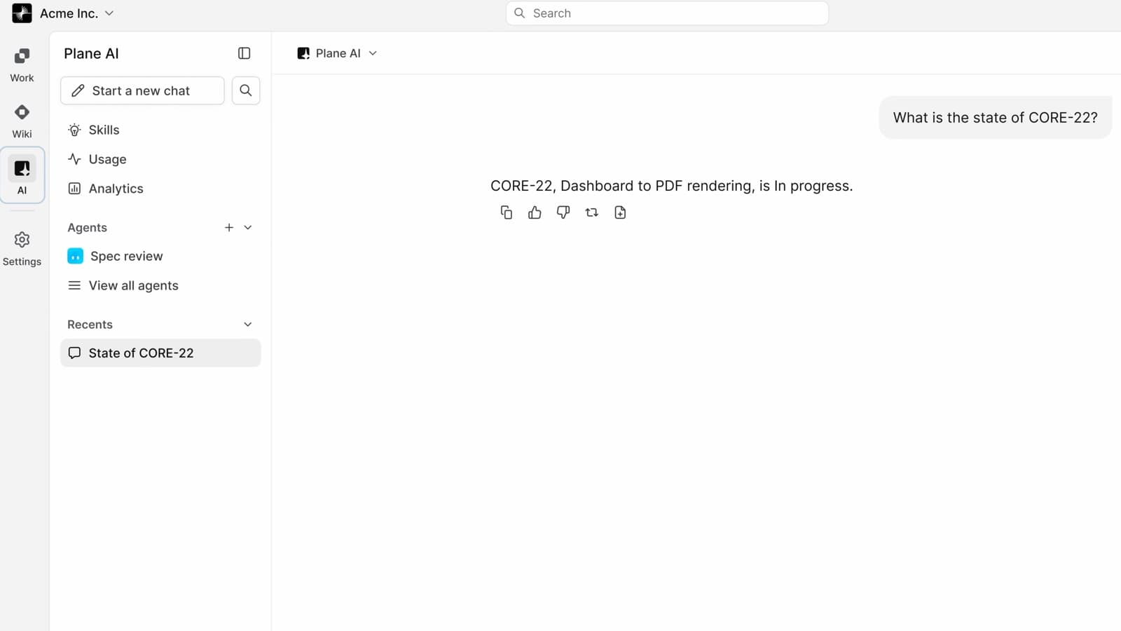 Plane AI answering a question about a work item, with the Spec review agent in its sidebar