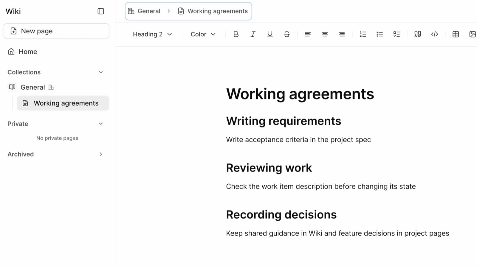 The Working agreements page in the General collection of Plane's Wiki