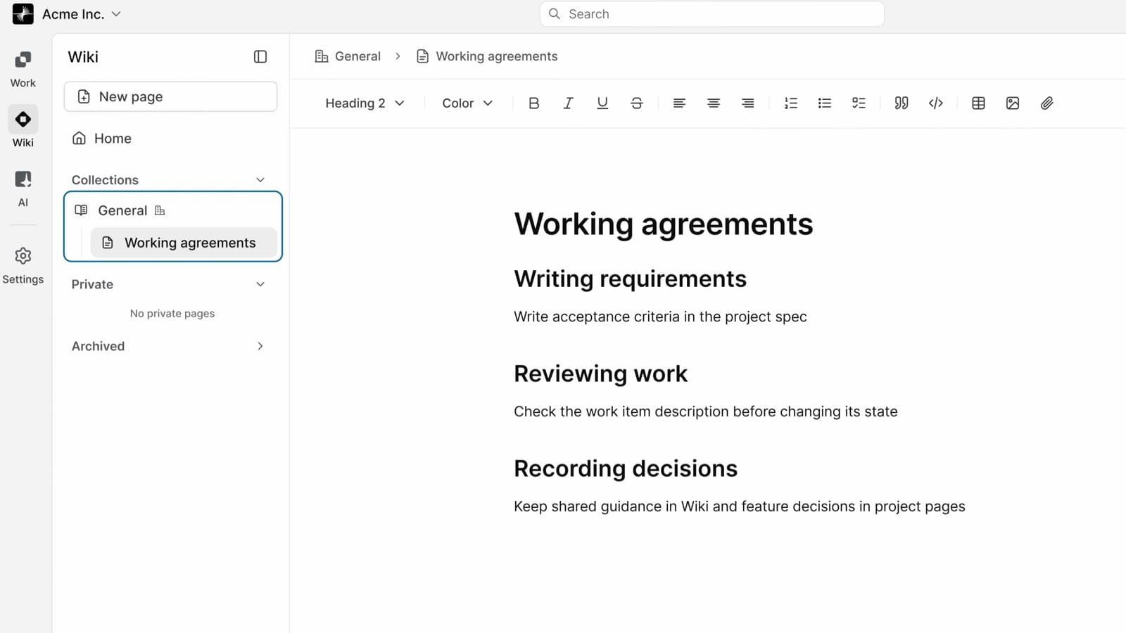 Plane's Wiki, with the General collection open to its Working agreements page