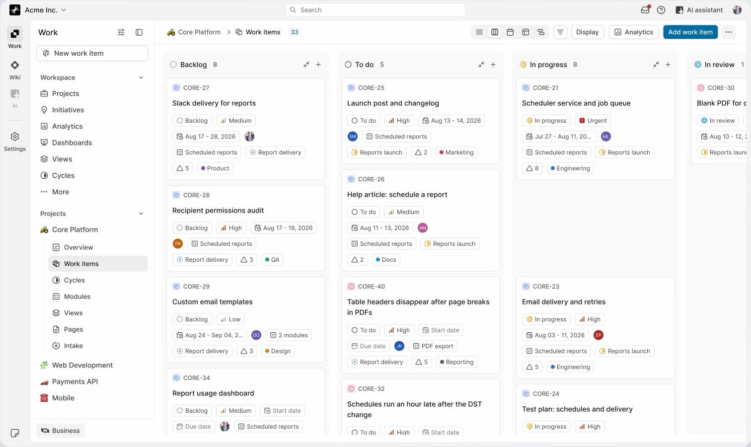 The Plane window with Work open: the rail with Work, Wiki, and AI, the project sidebar, and a board of work items