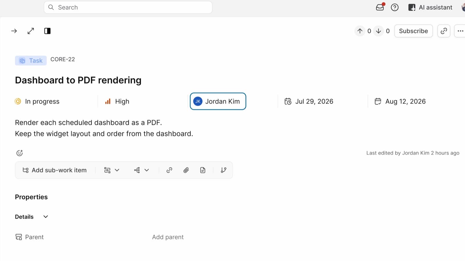 A work item in Plane with its state, priority, assignee, and dates